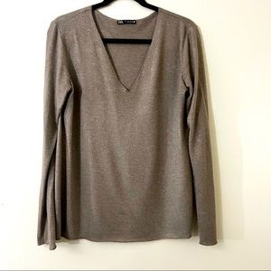 Zara Long Sleeve V-neck Tan Shirt